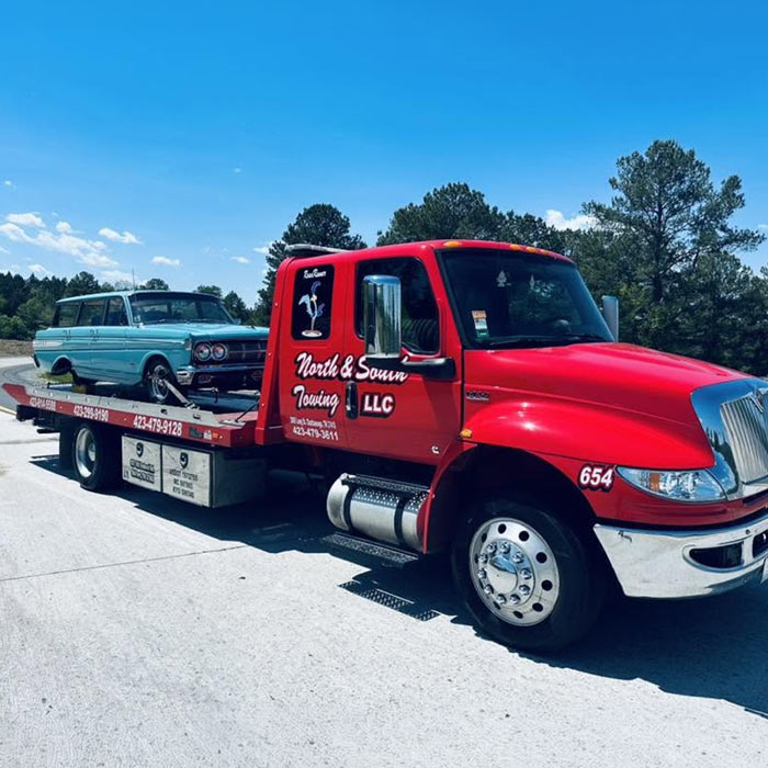 Classic Car and luxury Car Towing Service Cleveland Tennessee North and South Towing Flatbed tow truck towing classic car