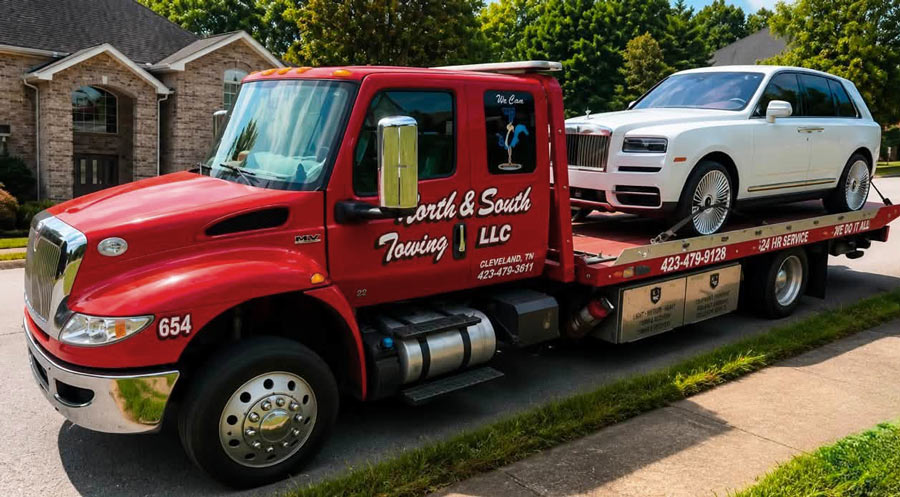 Flatbed Tow Truck providing towing service for a luxury SUV using North and South Towing LLC tow truck in Cleveland Tennessee