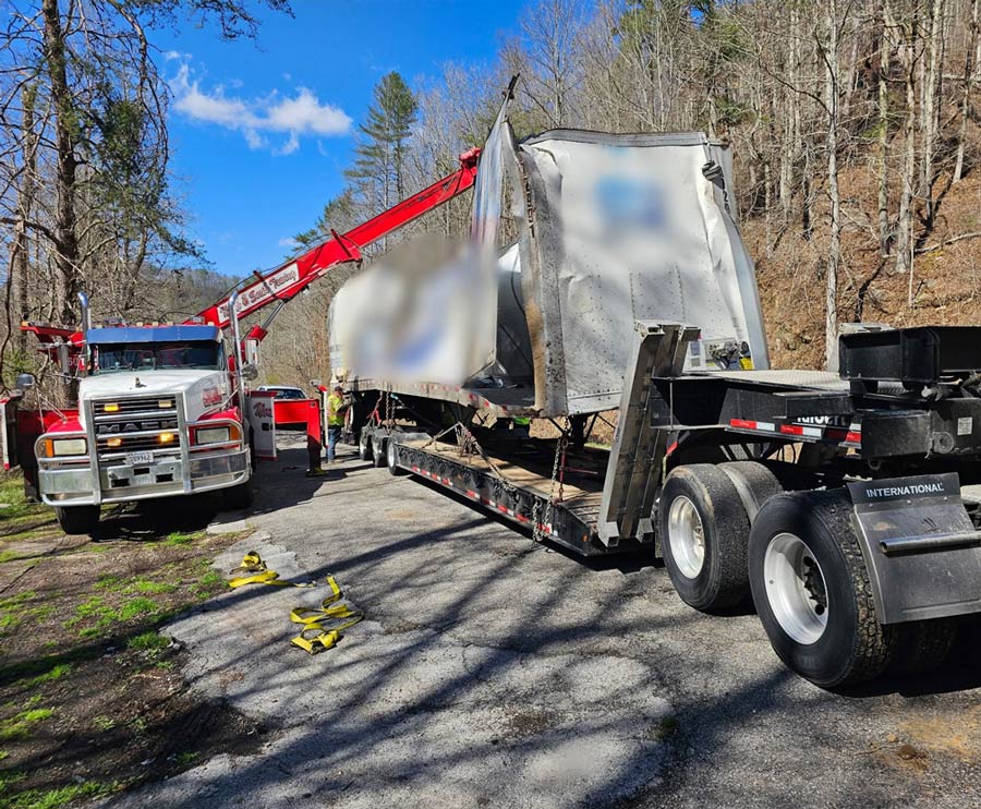 Heavy Duty Accident Recovery Lowboy Trailer Being Loaded By Rotator North and South Towing