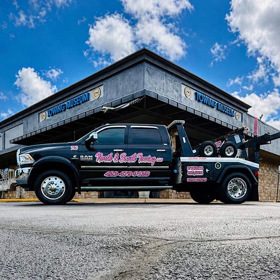North and South Towing LLC Light Duty Wrecker Sitting in Parking Lot of Towing Museum in Cleveland Tennessee