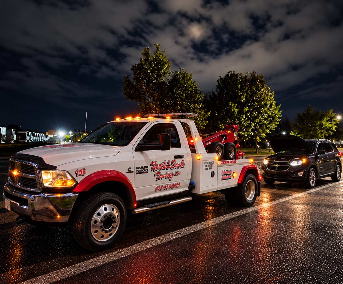 Tow-Truck-in-Front-of-SUV-providing-jump-start-service-in-Cleveland-Tennessee-Parking-Lot Tow Truck in front of SUV providing jump start service in Cleveland Tennessee Parking Lot